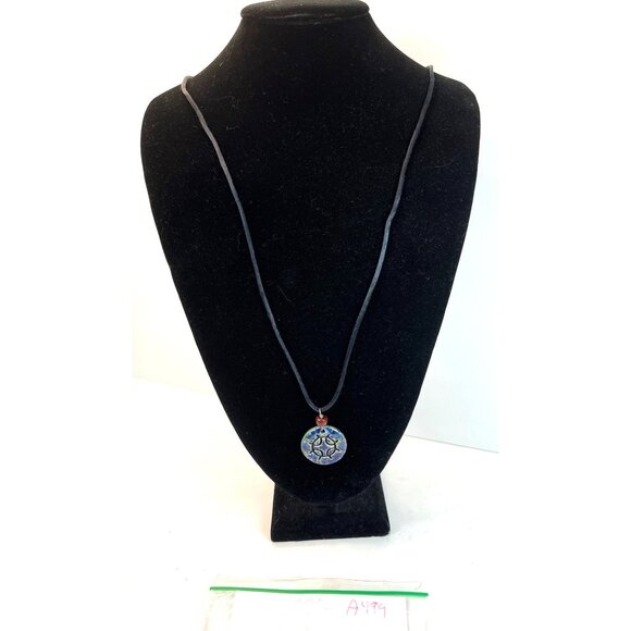 Handcrafted Ceramic Pendant Necklace With Blue & Red Beads On Black Cord A499 - Picture 2 of 5